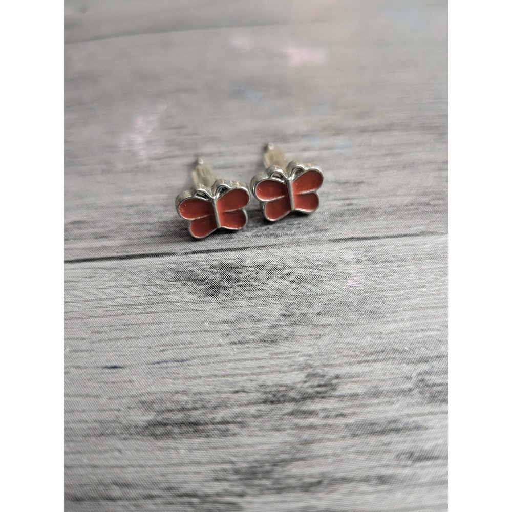 Silver Tone Coral Red Enamel Butterfly Stud Earrings Nature Jewelry